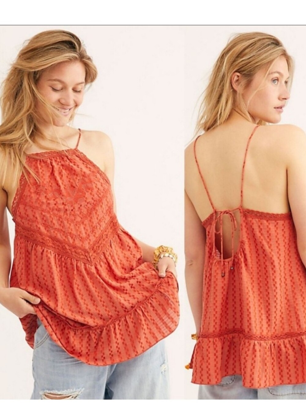 Free People Women’s Coral Halter Tank Top with Lace Detail Sz L